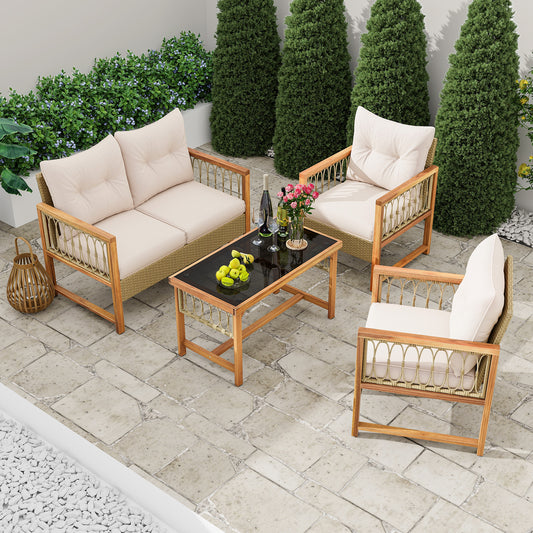 4 Pieces Outdoor Patio PE Wicker Conversation Bistro Set with Acacia Wood Frame, Brown Patio Conversation Sets Brown at Gallery Canada
