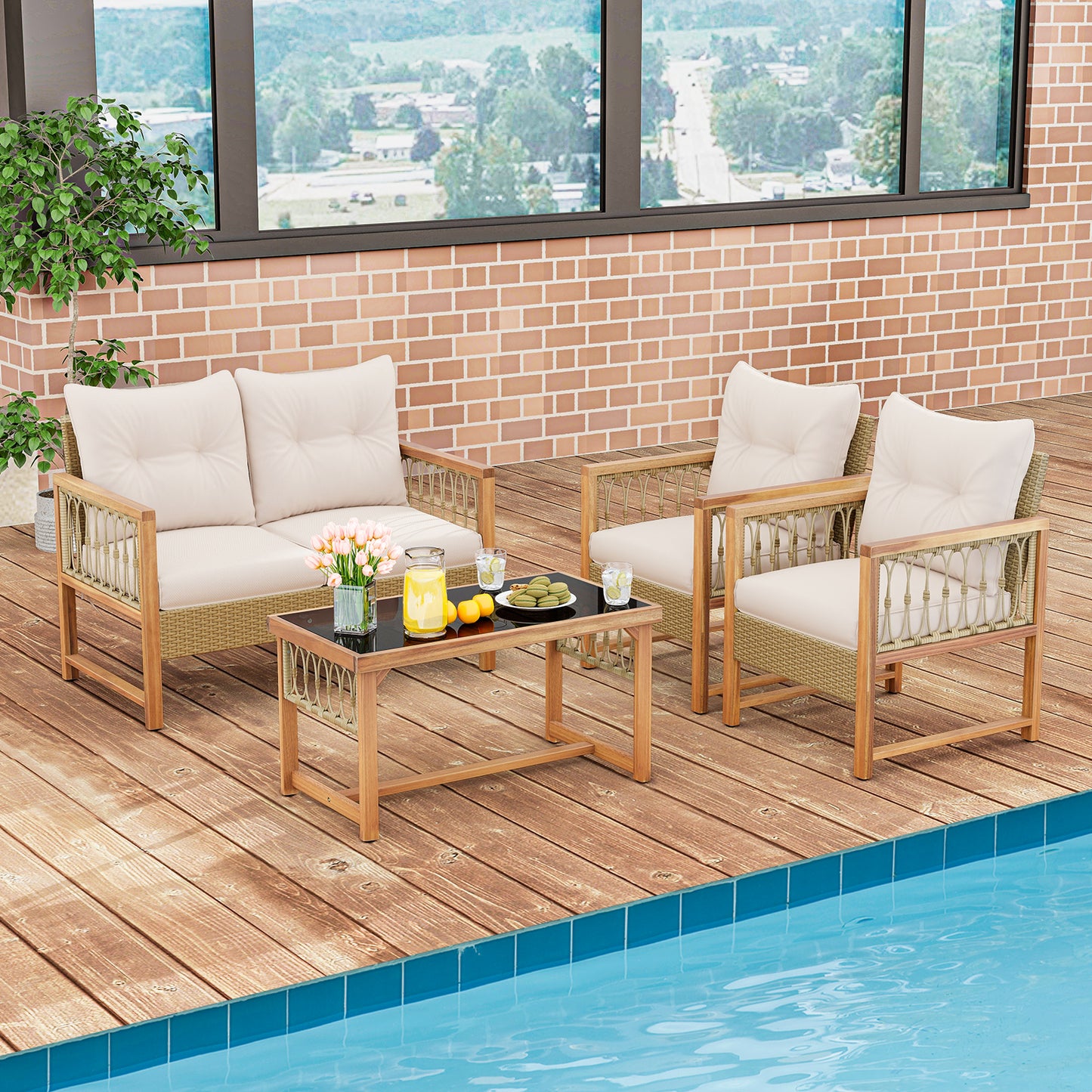 4 Pieces Outdoor Patio PE Wicker Conversation Bistro Set with Acacia Wood Frame, Brown Patio Conversation Sets at Gallery Canada