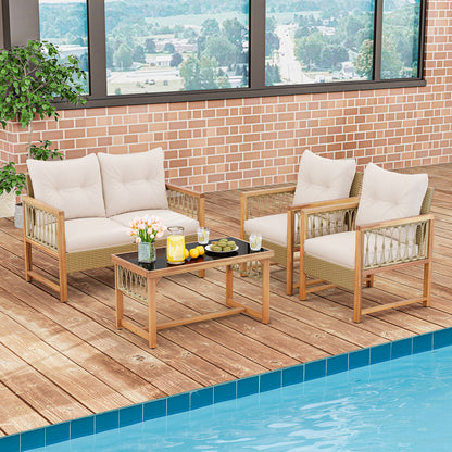 4 Pieces Outdoor Patio PE Wicker Conversation Bistro Set with Acacia Wood Frame, Brown Patio Conversation Sets at Gallery Canada