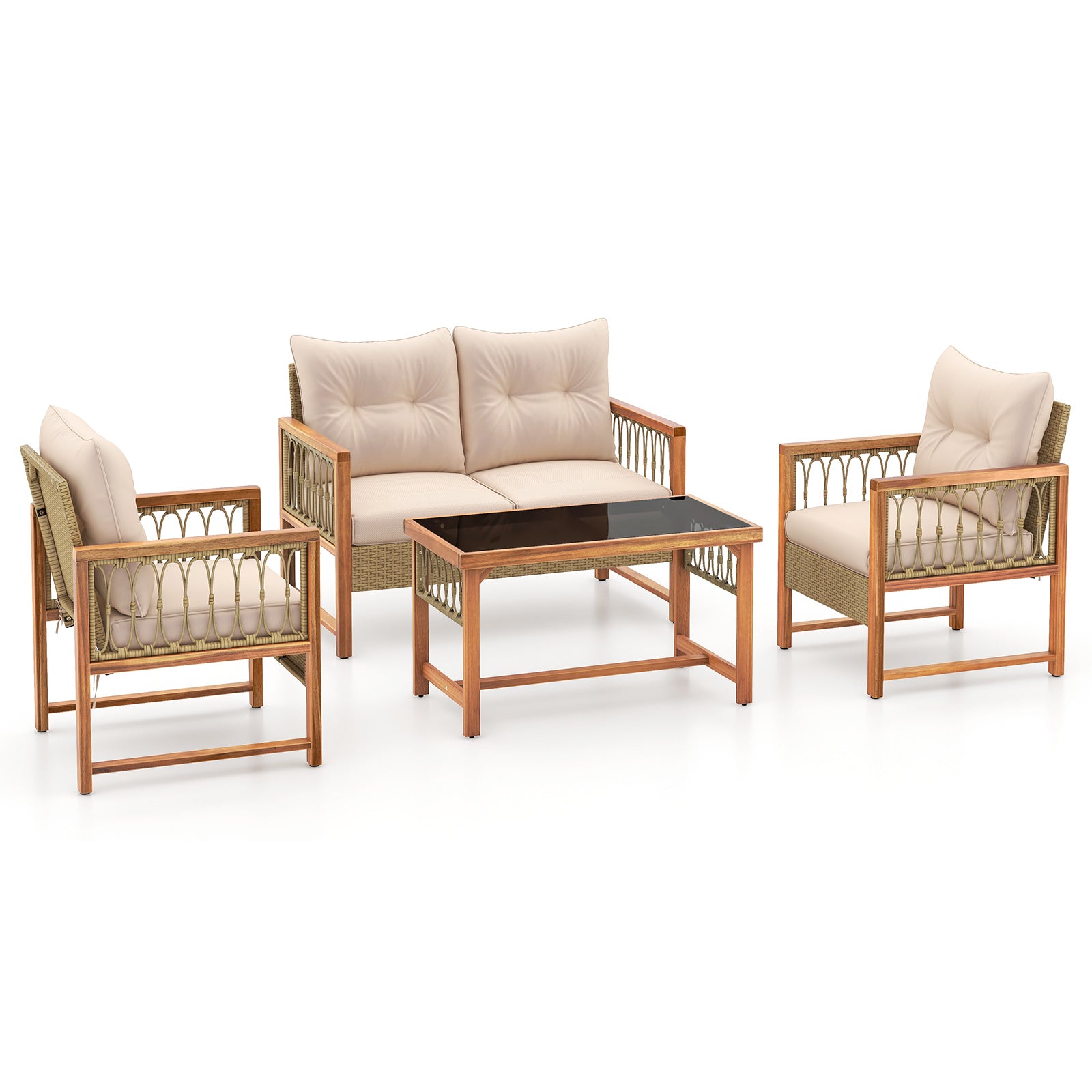 4 Pieces Outdoor Patio PE Wicker Conversation Bistro Set with Acacia Wood Frame, Brown Patio Conversation Sets at Gallery Canada