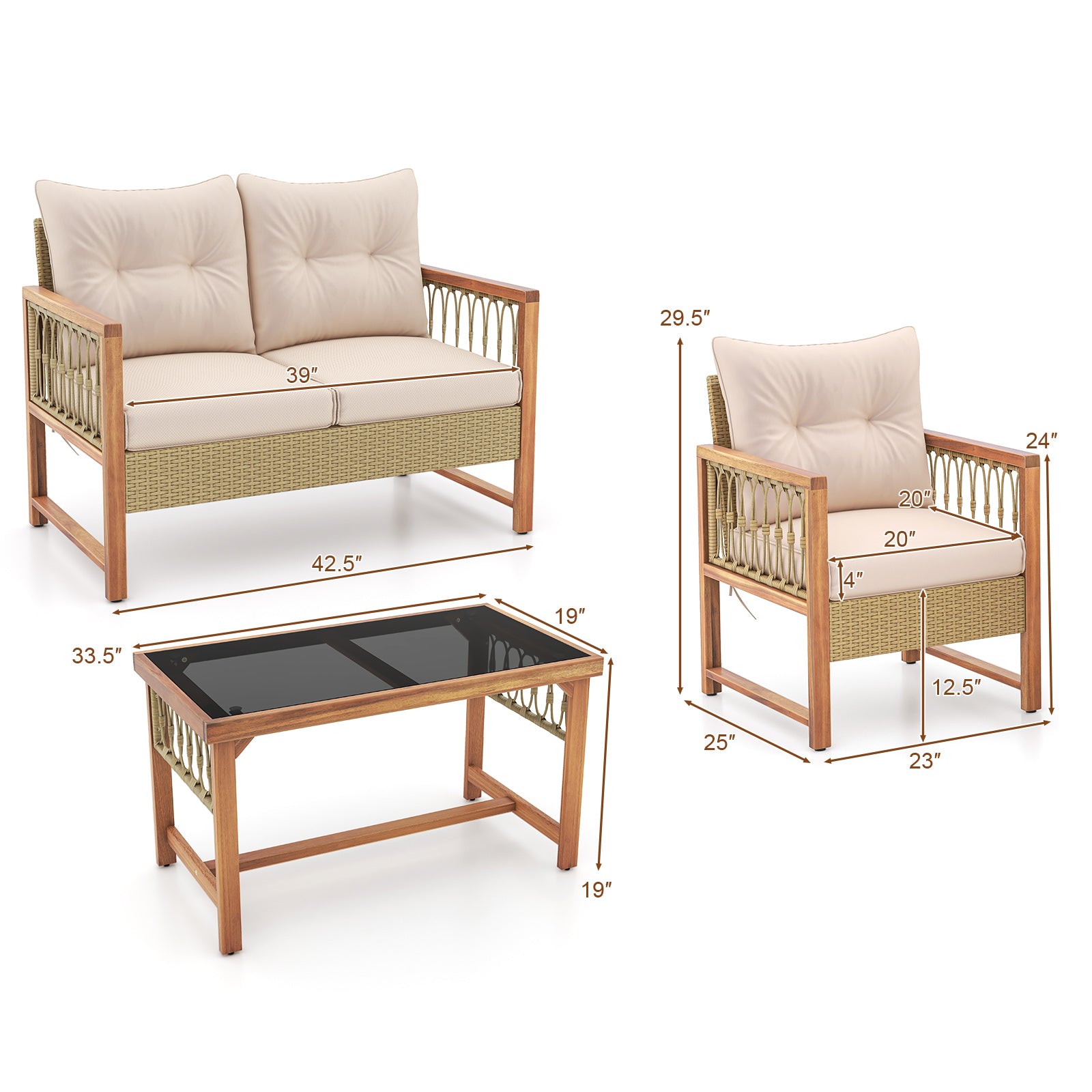 4 Pieces Outdoor Patio PE Wicker Conversation Bistro Set with Acacia Wood Frame, Brown Patio Conversation Sets at Gallery Canada