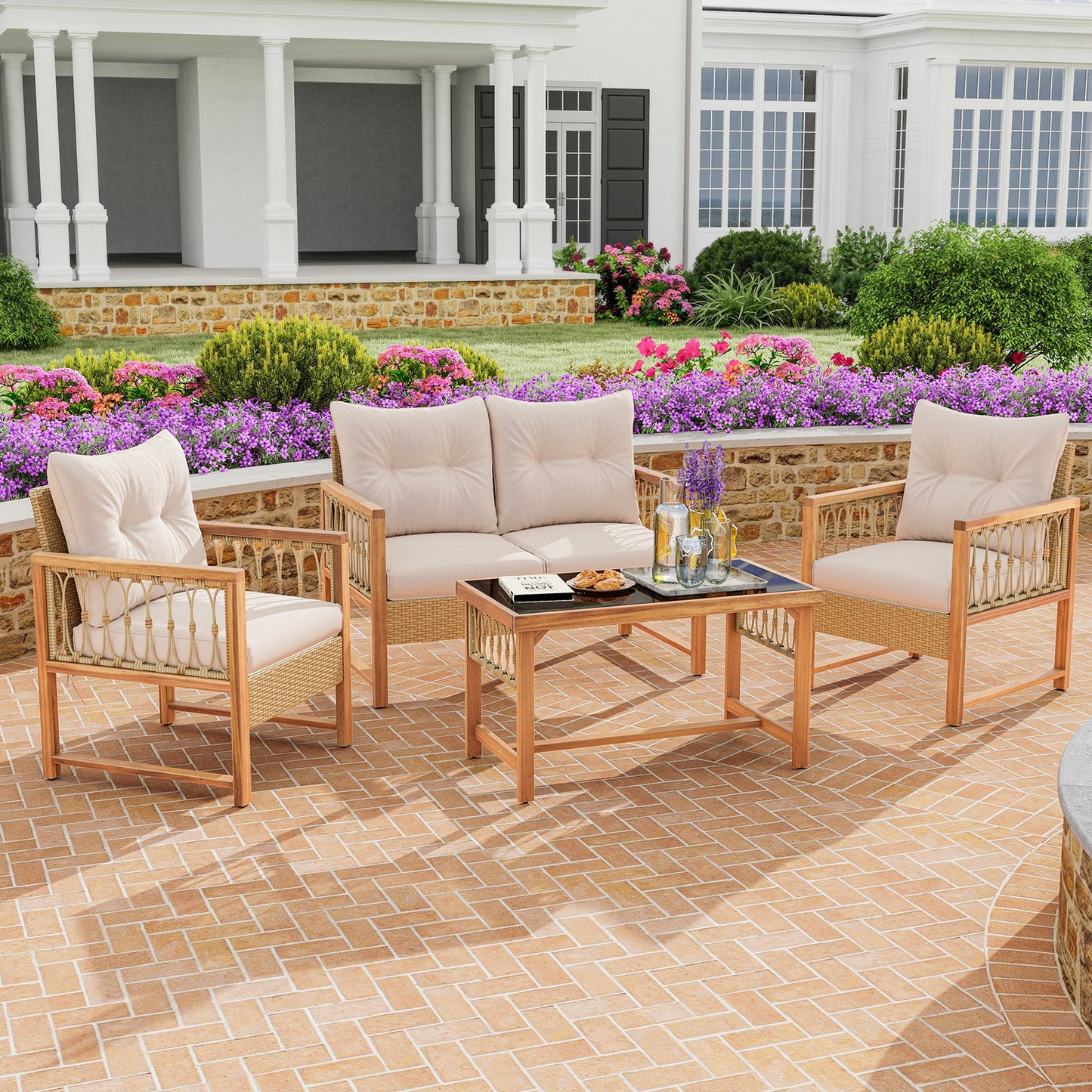 4 Pieces Outdoor Patio PE Wicker Conversation Bistro Set with Acacia Wood Frame, Brown Patio Conversation Sets at Gallery Canada