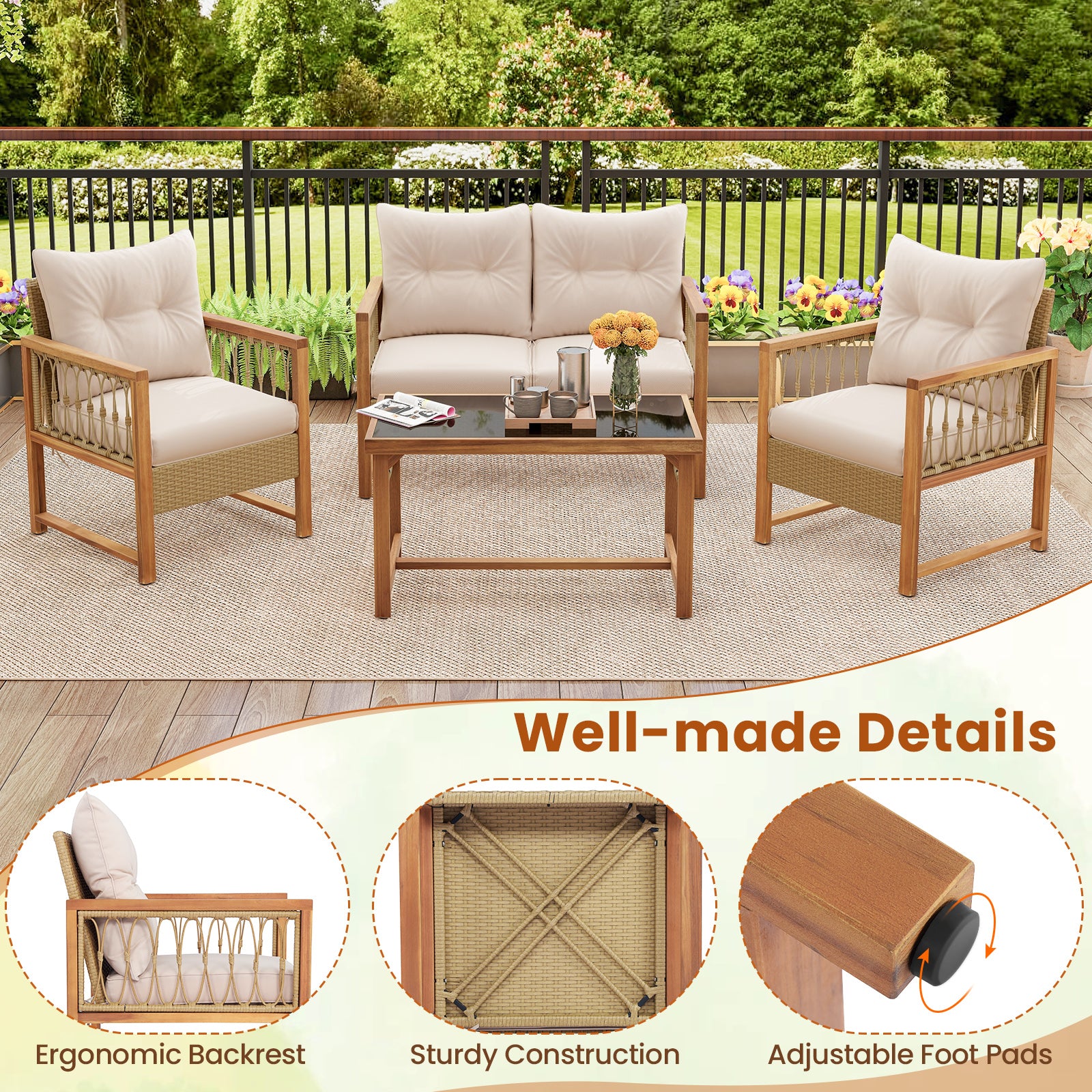 4 Pieces Outdoor Patio PE Wicker Conversation Bistro Set with Acacia Wood Frame, Brown Patio Conversation Sets at Gallery Canada