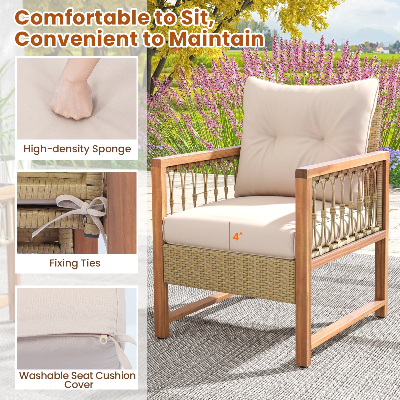 4 Pieces Outdoor Patio PE Wicker Conversation Bistro Set with Acacia Wood Frame, Brown Patio Conversation Sets at Gallery Canada