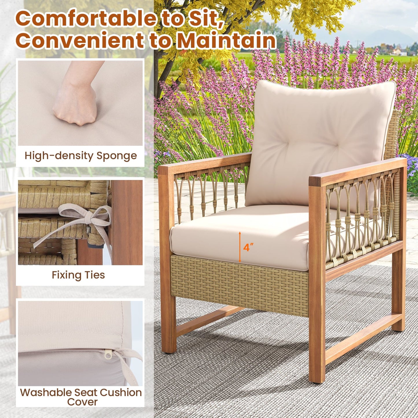 Ensemble de conversation pour patio extérieur en osier PE 4 pièces, cadre en bois d'acacia, marron