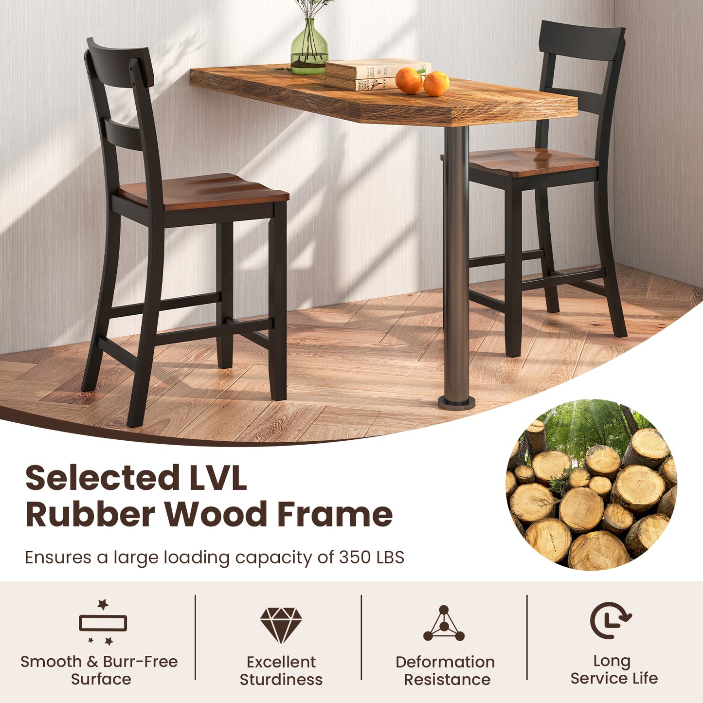 Farmhouse Dining Bar Stool Set, 2 Solid Rubber Wood Frame, Black Dining Chairs at Gallery Canada