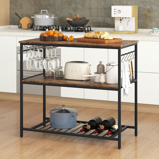 3 Shelves Kitchen Island Industrial Prep Table with Bottom Wine Rack, Rustic Brown Baker's Racks Rustic Brown at Gallery Canada