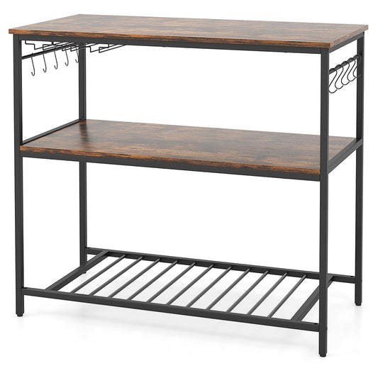3 Shelves Kitchen Island Prep Table With Wine Rack, Rustic Brown