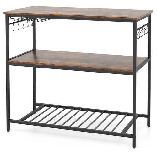 3 Shelves Kitchen Island Industrial Prep Table with Bottom Wine Rack, Rustic Brown