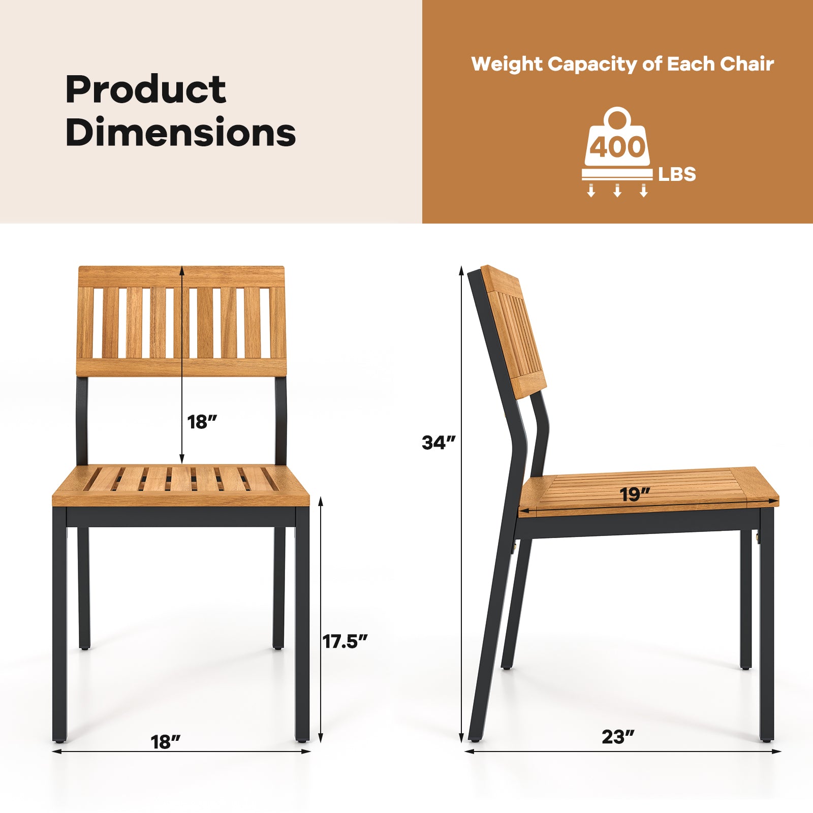 Patio Dining Chair Set of 2 with Metal and Acacia Wood Frame, Natural Dining Chairs at Gallery Canada