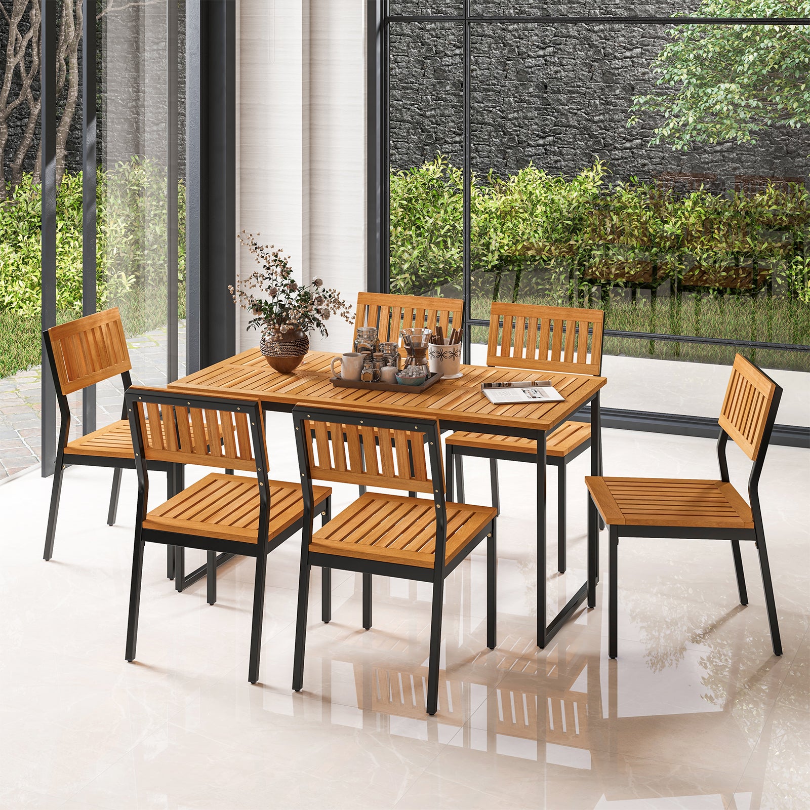 Patio Dining Chair Set of 2 with Metal and Acacia Wood Frame, Natural Dining Chairs at Gallery Canada