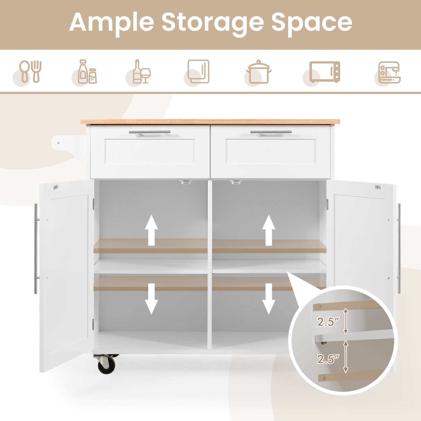 Heavy Duty Rolling Kitchen Cart with Tower Holder and Drawer, White Kitchen Islands & Carts at Gallery Canada