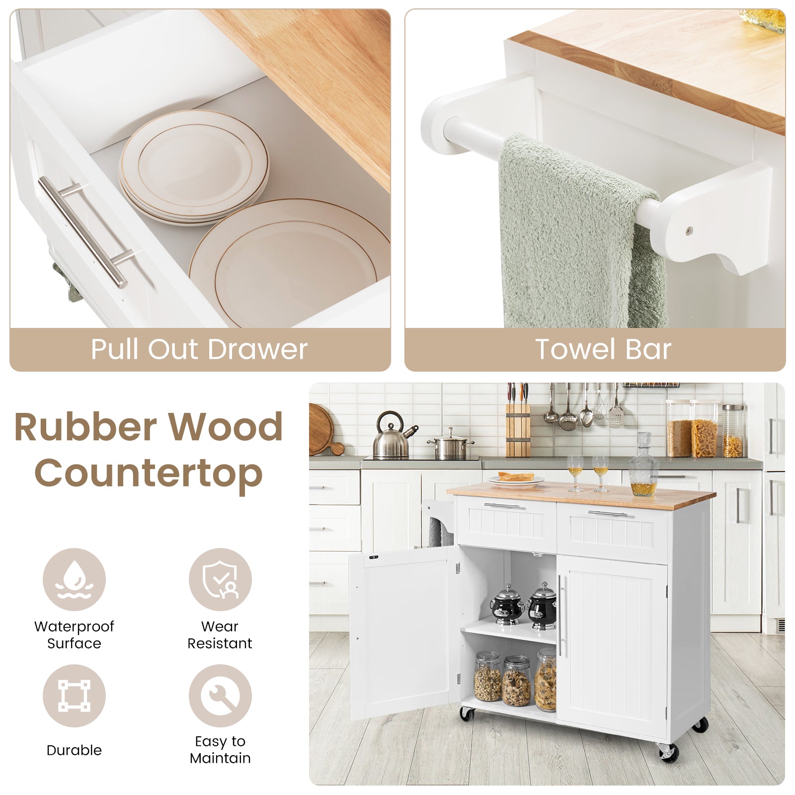 Heavy Duty Rolling Kitchen Cart with Tower Holder and Drawer, White Kitchen Islands & Carts at Gallery Canada