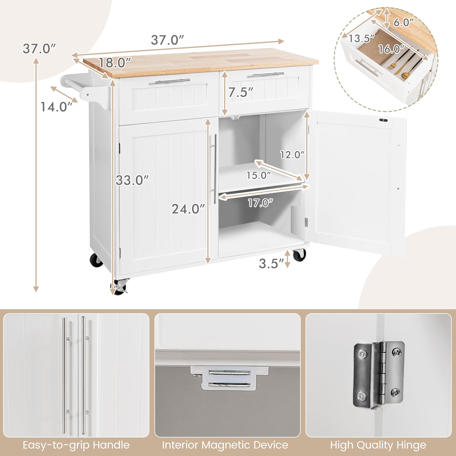Heavy Duty Rolling Kitchen Cart with Tower Holder and Drawer, White Kitchen Islands & Carts at Gallery Canada