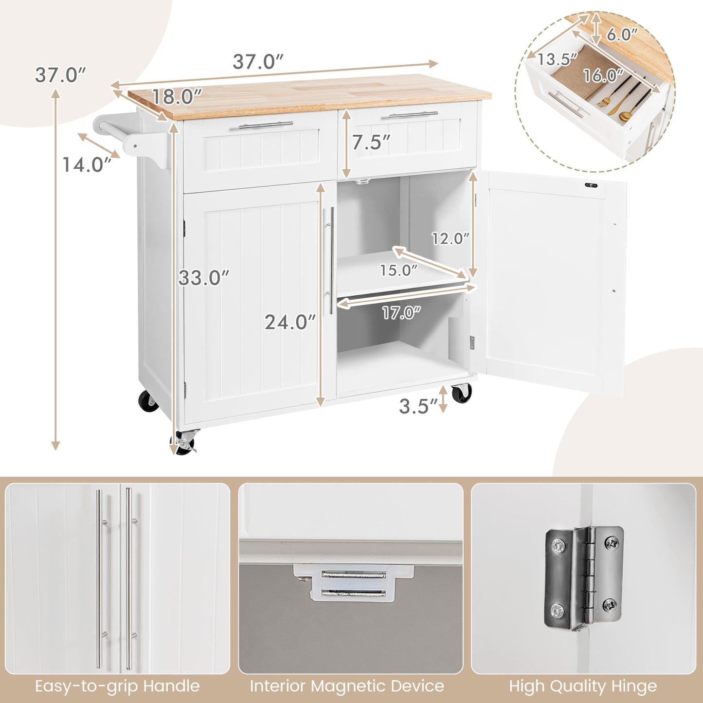 Heavy Duty Rolling Kitchen Cart with Tower Holder and Drawer, White Kitchen Islands & Carts at Gallery Canada