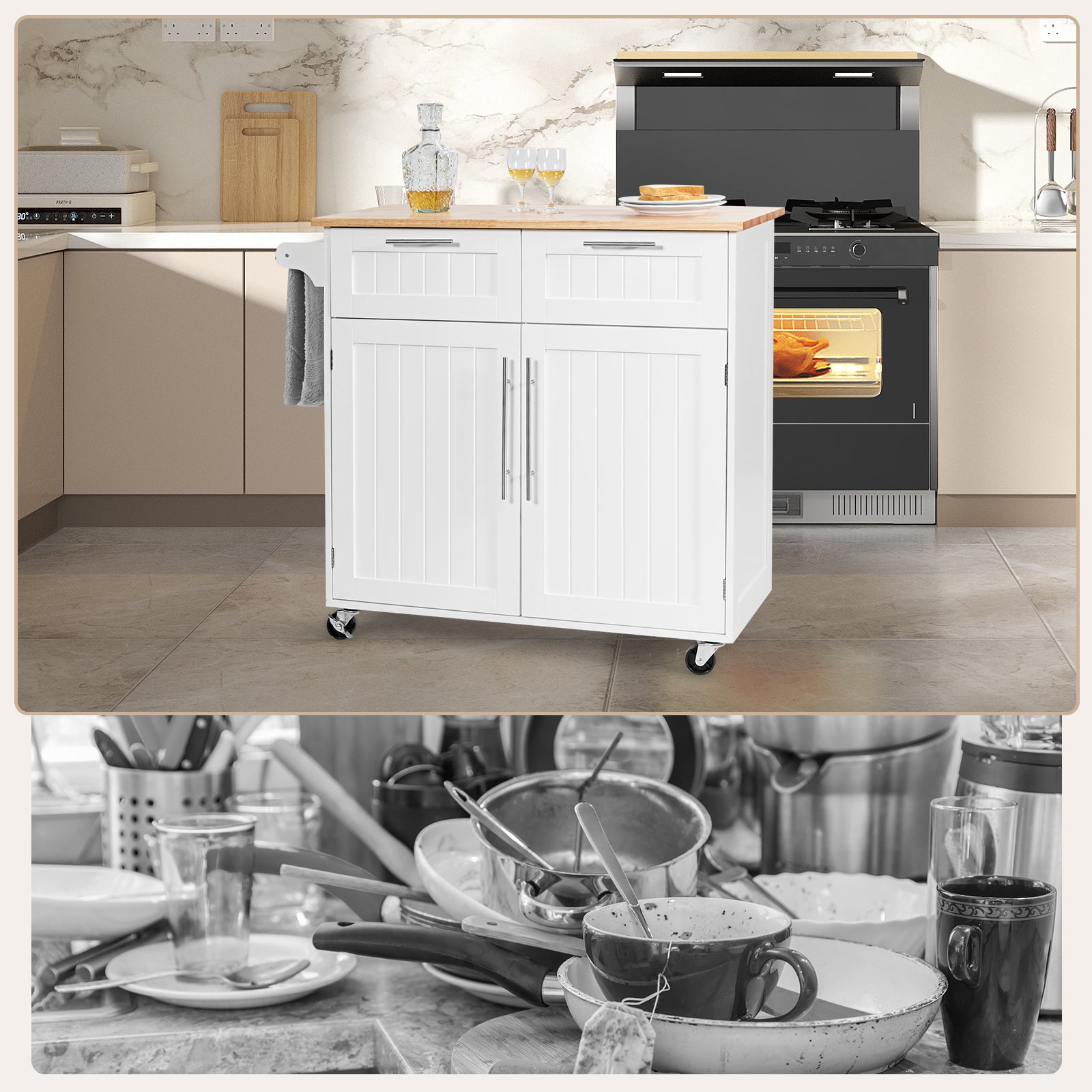 Heavy Duty Rolling Kitchen Cart with Tower Holder and Drawer, White Kitchen Islands & Carts at Gallery Canada
