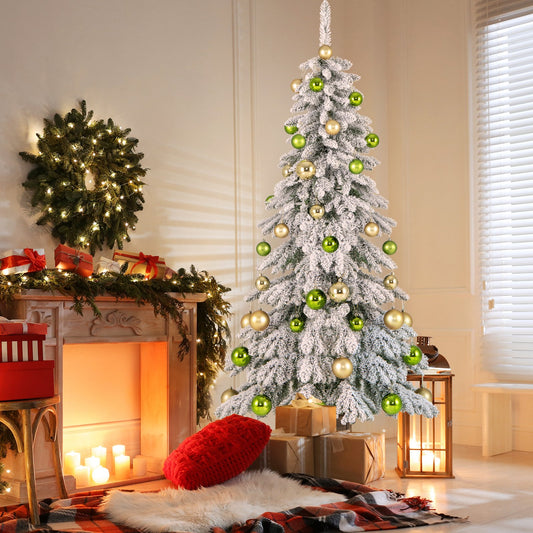 6 Feet Artificial Xmas Tree with 589 Flocked Branch Tips and 48 Xmas Balls, White Christmas Tree White, Green at Gallery Canada