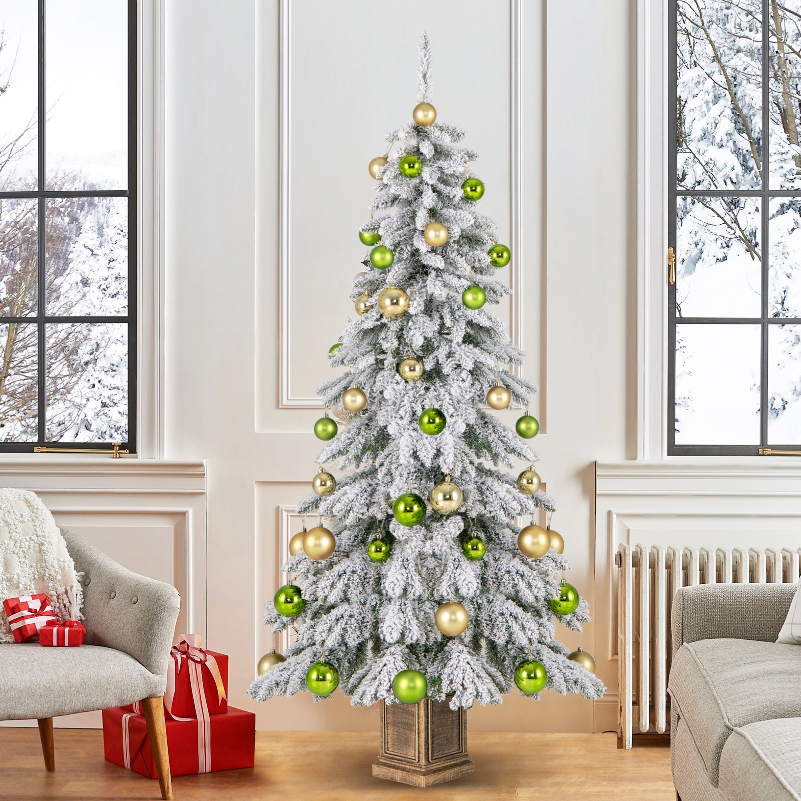 6 Feet Artificial Xmas Tree with 589 Flocked Branch Tips and 48 Xmas Balls, White Christmas Tree at Gallery Canada
