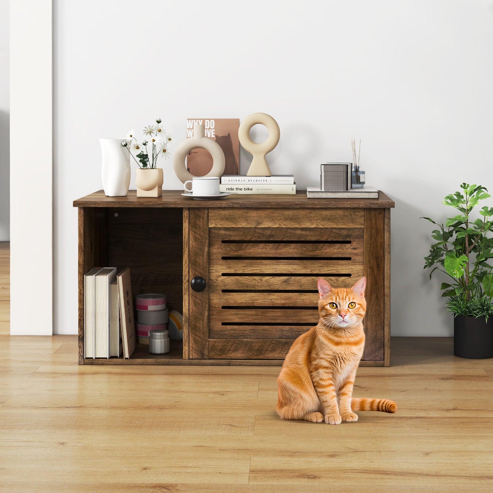 Cat Litter Box Enclosure with Louvered Door and Open Compartment, Oak Cat Houses at Gallery Canada