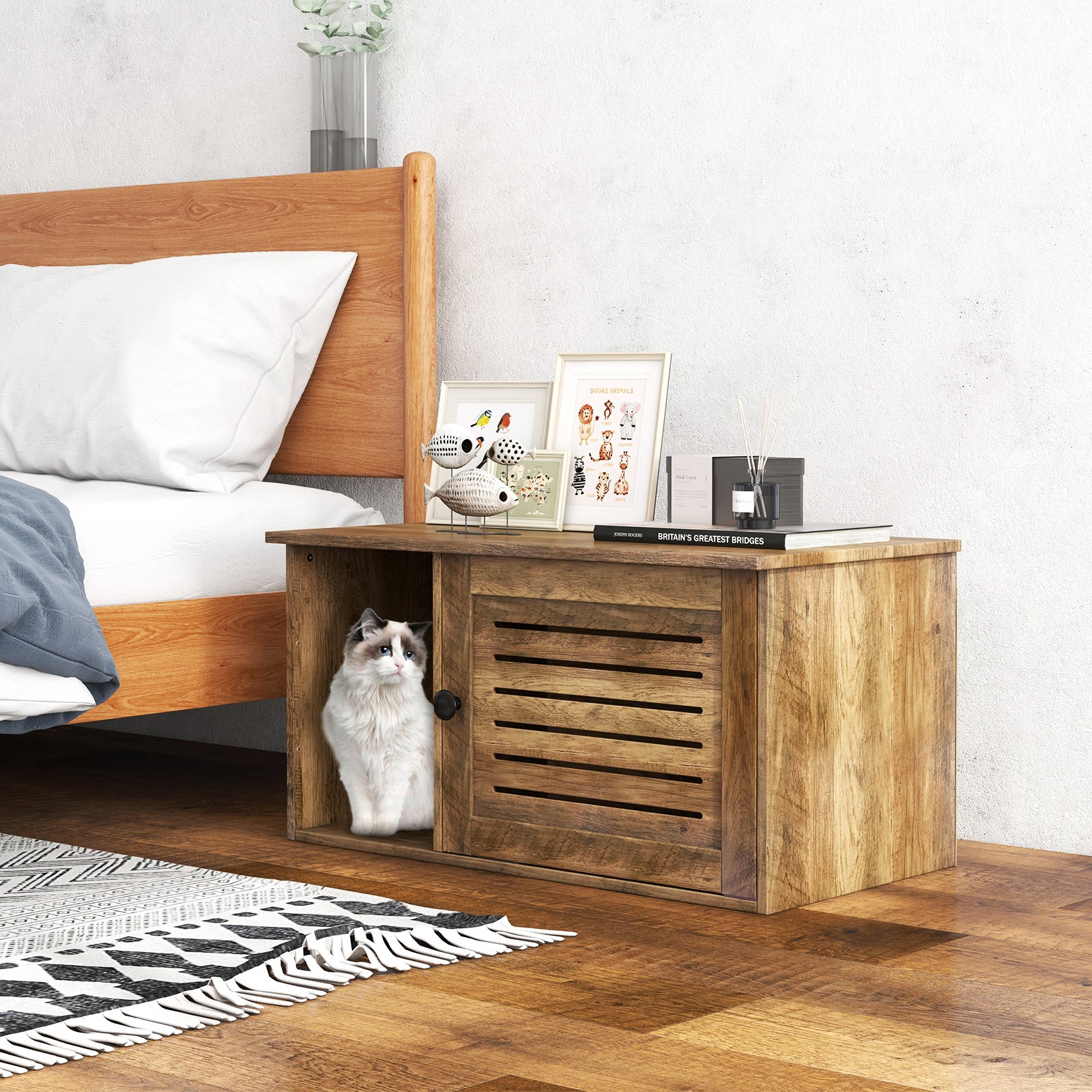 Cat Litter Box Enclosure with Louvered Door and Open Compartment, Oak Cat Houses at Gallery Canada