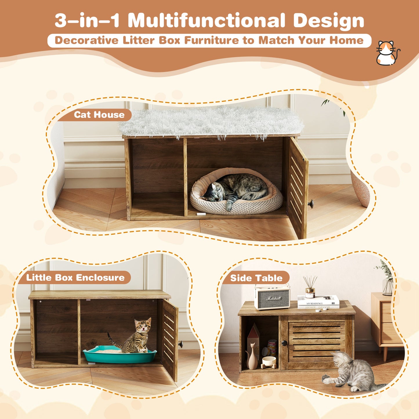 Cat Litter Box Enclosure with Louvered Door and Open Compartment, Oak Cat Houses at Gallery Canada