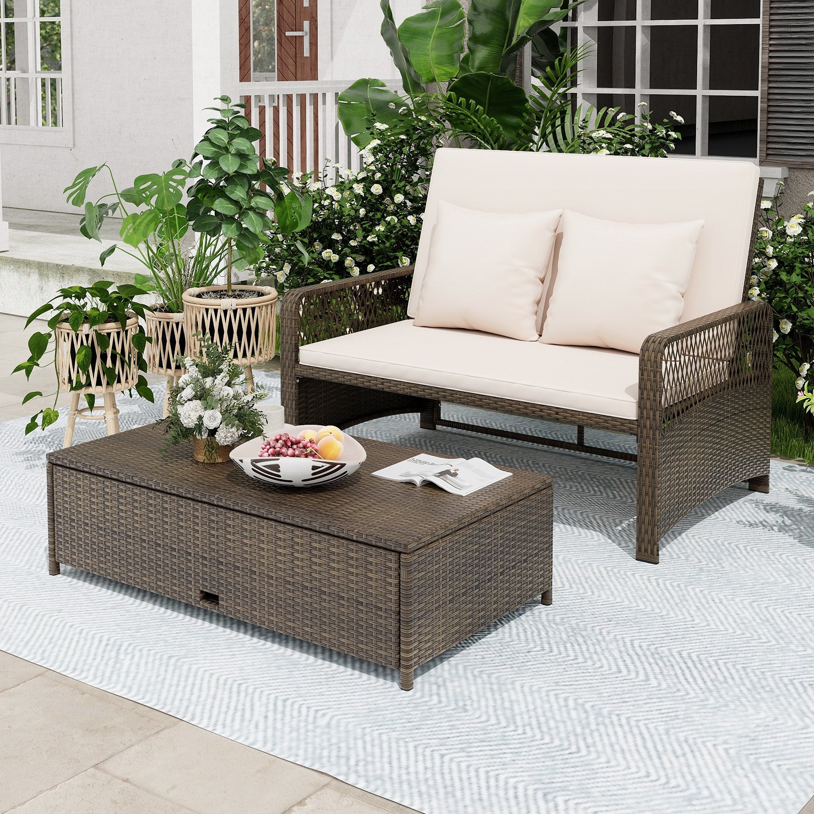 Patio Adjustable Wicker Daybed with 4-Level Backrest and Soft Cushions, Beige Outdoor Sectionals at Gallery Canada