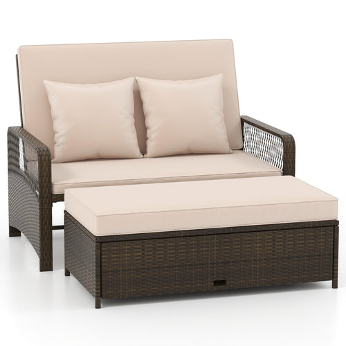 Patio Adjustable Wicker Daybed with 4-Level Backrest and Soft Cushions, Beige