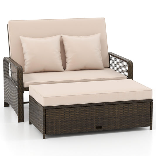 Adjustable Wicker Daybed, 4-Level Backrest, Soft Cushions, Beige Outdoor Sectionals Beige at Gallery Canada