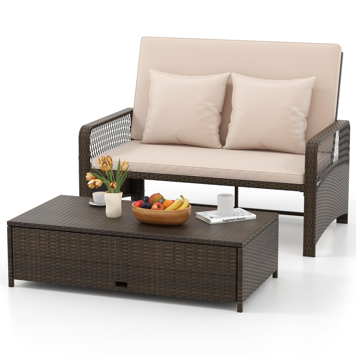 Patio Adjustable Wicker Daybed with 4-Level Backrest and Soft Cushions, Beige Outdoor Sectionals at Gallery Canada