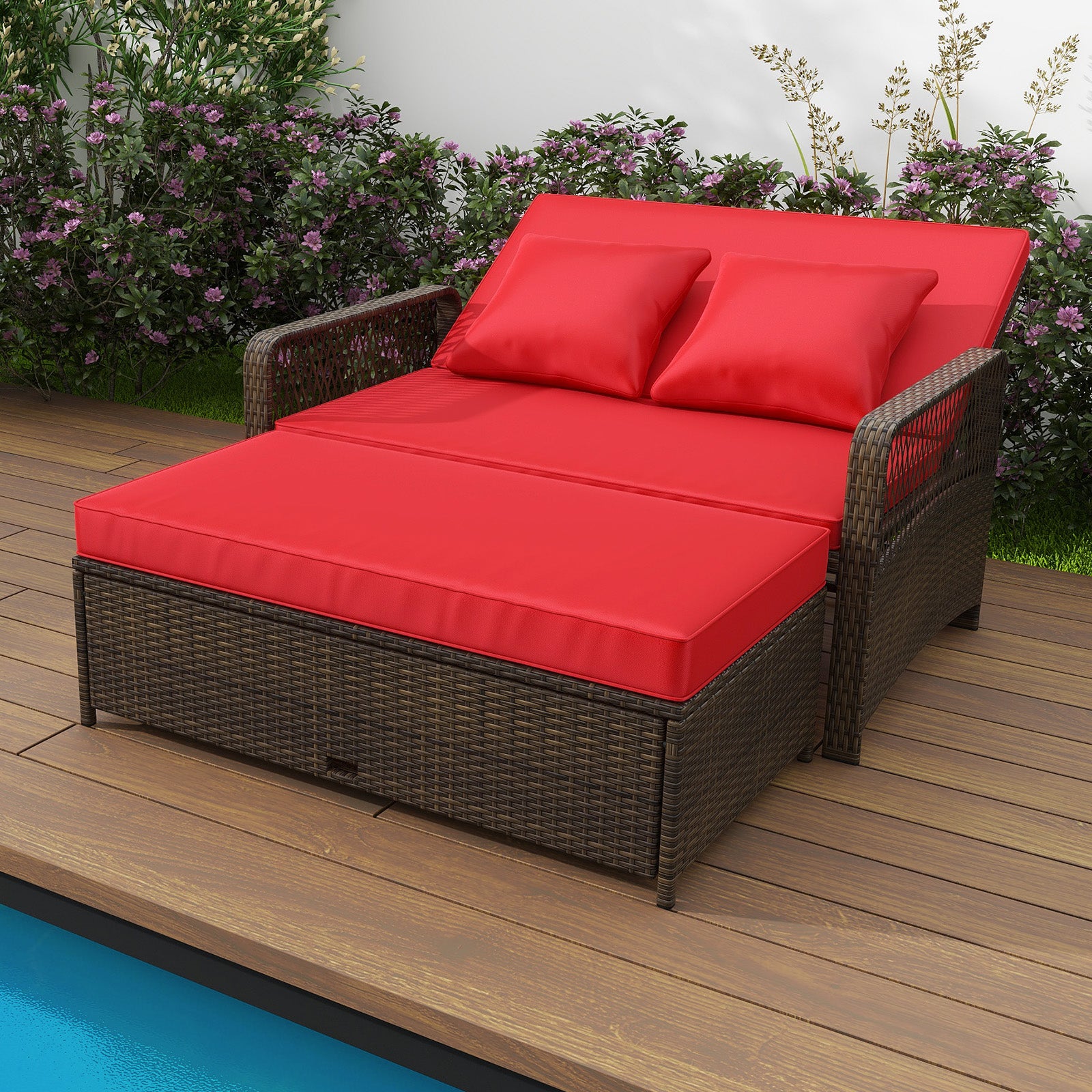 Patio Adjustable Wicker Daybed with 4-Level Backrest and Soft Cushions, Red Outdoor Sectionals at Gallery Canada