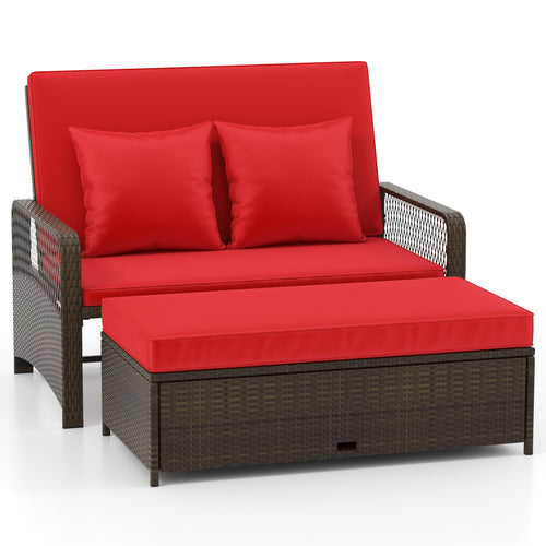 Patio Adjustable Wicker Daybed with 4-Level Backrest and Soft Cushions, Red