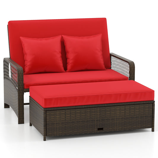 Adjustable Wicker Daybed, 4-Level Backrest, Soft Cushions, Red Outdoor Sectionals Red at Gallery Canada
