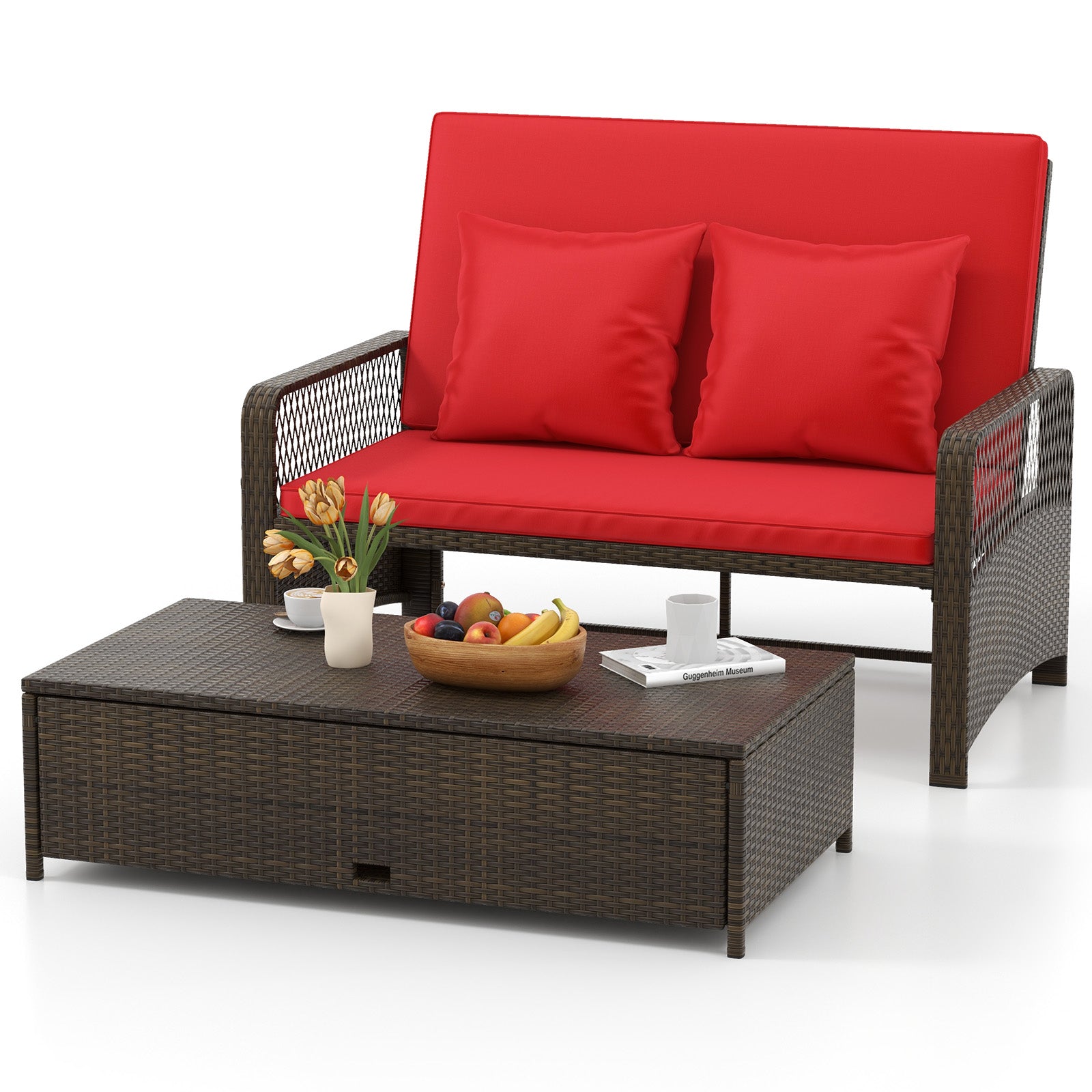 Patio Adjustable Wicker Daybed with 4-Level Backrest and Soft Cushions, Red Outdoor Sectionals at Gallery Canada