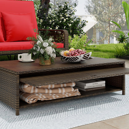 Patio Adjustable Wicker Daybed with 4-Level Backrest and Soft Cushions, Red Outdoor Sectionals at Gallery Canada