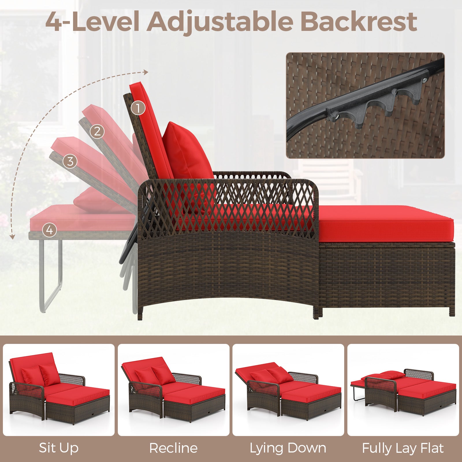 Patio Adjustable Wicker Daybed with 4-Level Backrest and Soft Cushions, Red Outdoor Sectionals at Gallery Canada