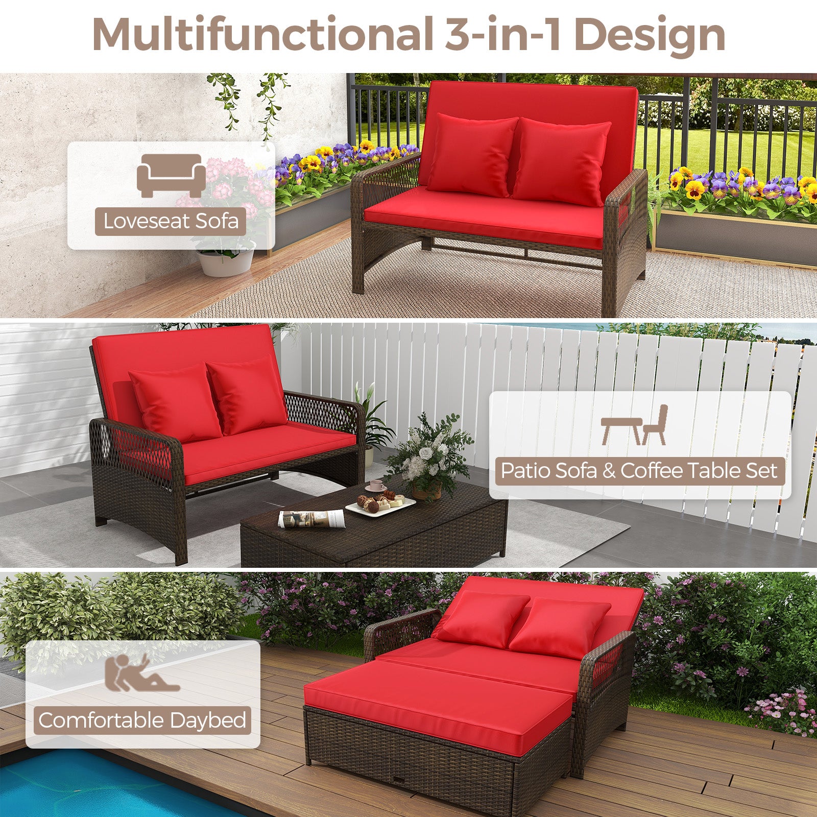 Patio Adjustable Wicker Daybed with 4-Level Backrest and Soft Cushions, Red Outdoor Sectionals at Gallery Canada