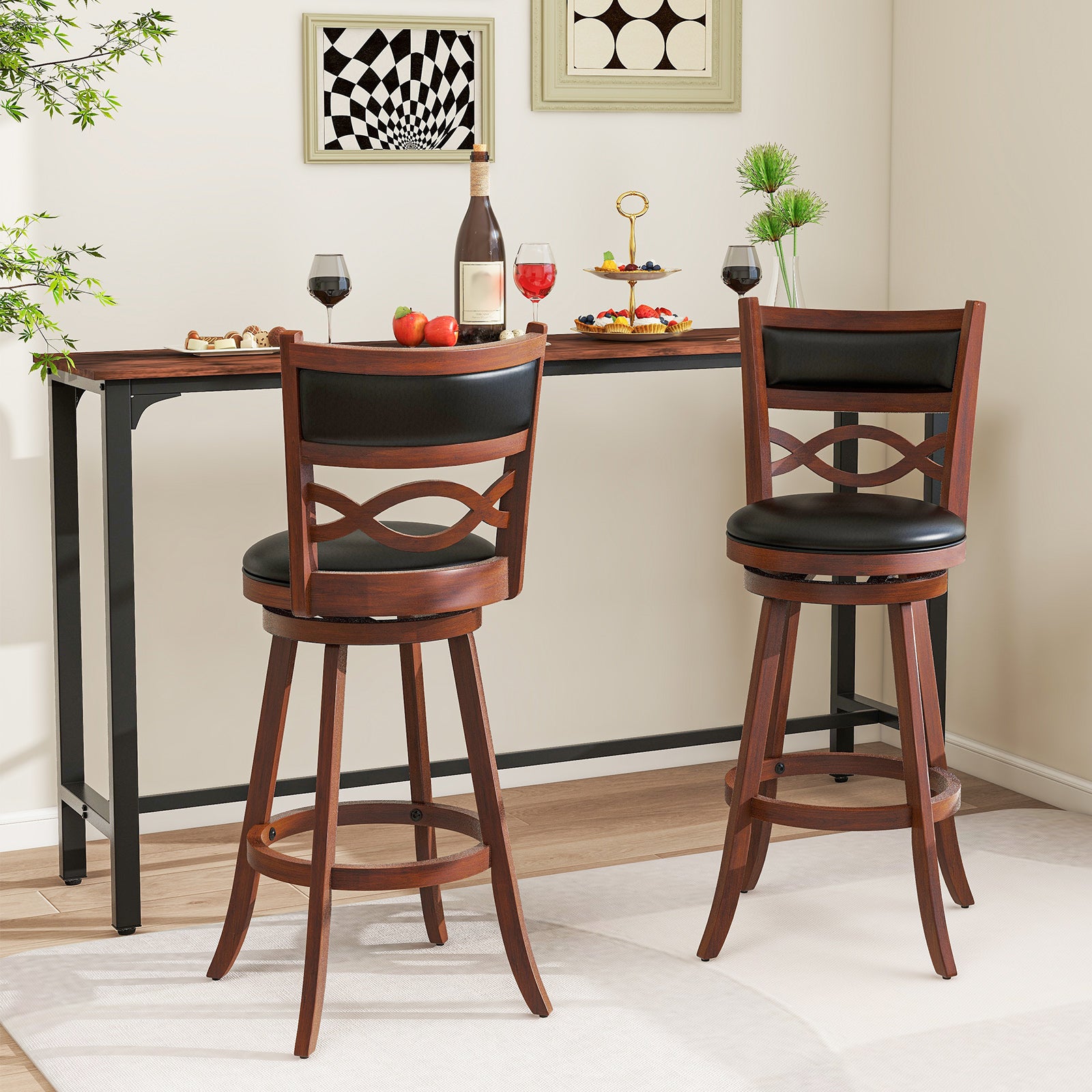 Bar Stools Set of 2 with Rubber Wood Frame and Faux Leather Upholstered Seat-29 Inch, Black & Brown Bar Stools at Gallery Canada