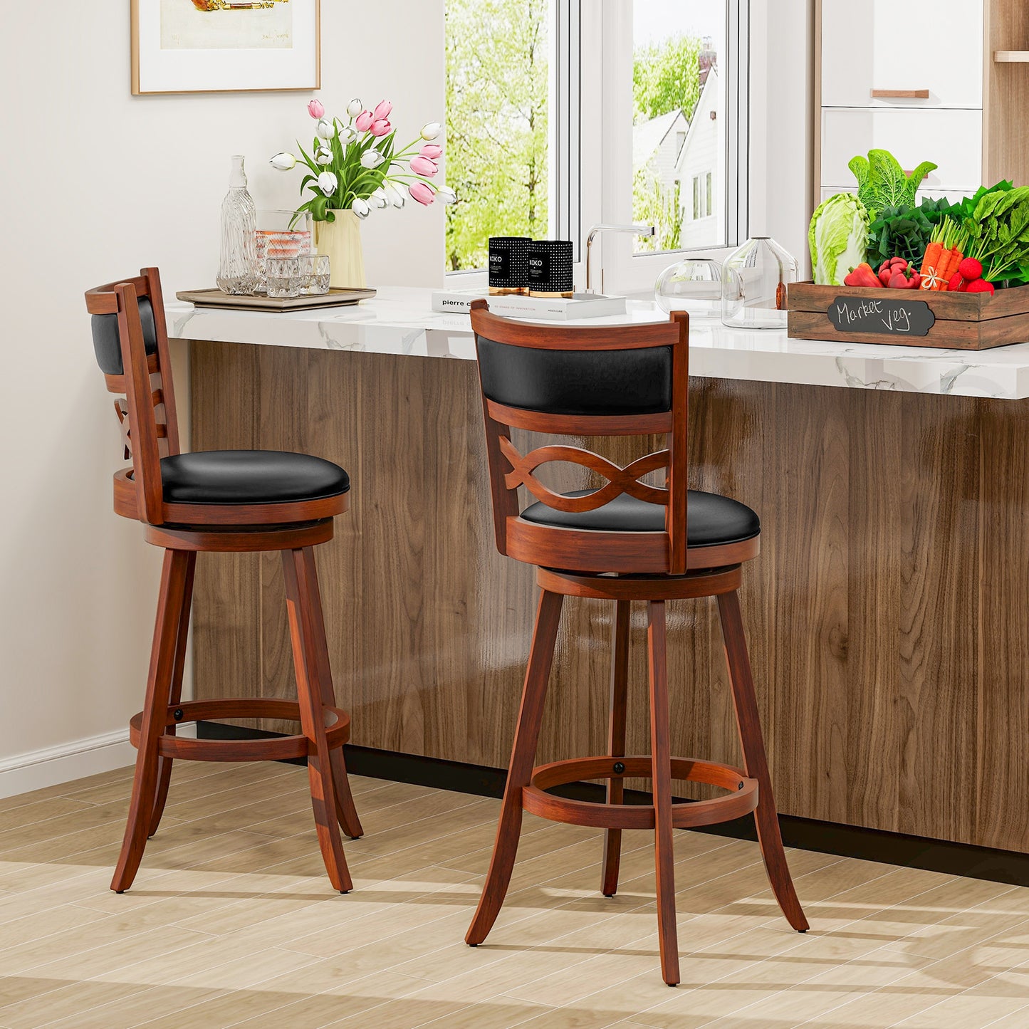 Bar Stools Set of 2 with Rubber Wood Frame and Faux Leather Upholstered Seat-29 Inch, Black & Brown Bar Stools at Gallery Canada