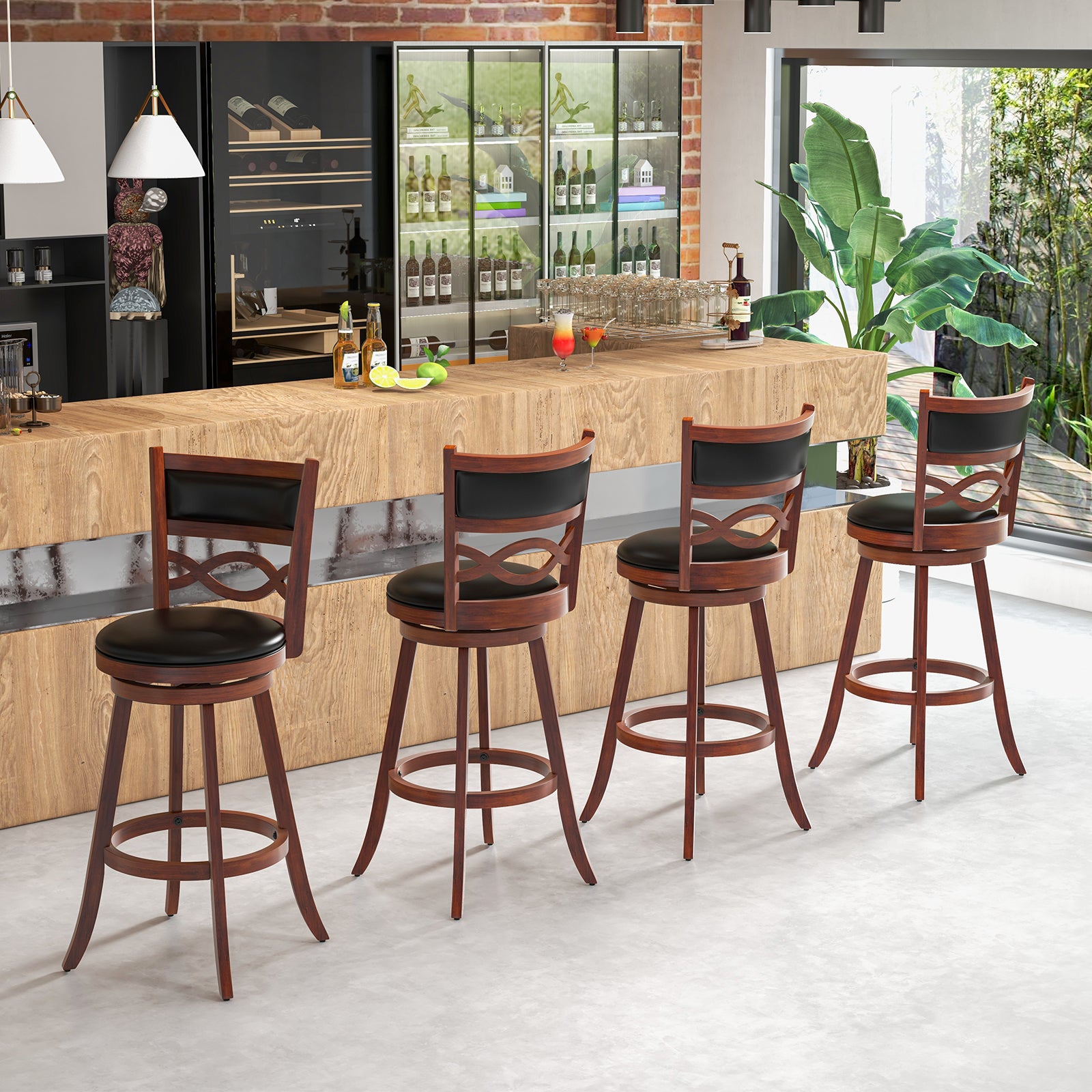 Bar Stools Set of 2 with Rubber Wood Frame and Faux Leather Upholstered Seat-29 Inch, Black & Brown Bar Stools at Gallery Canada