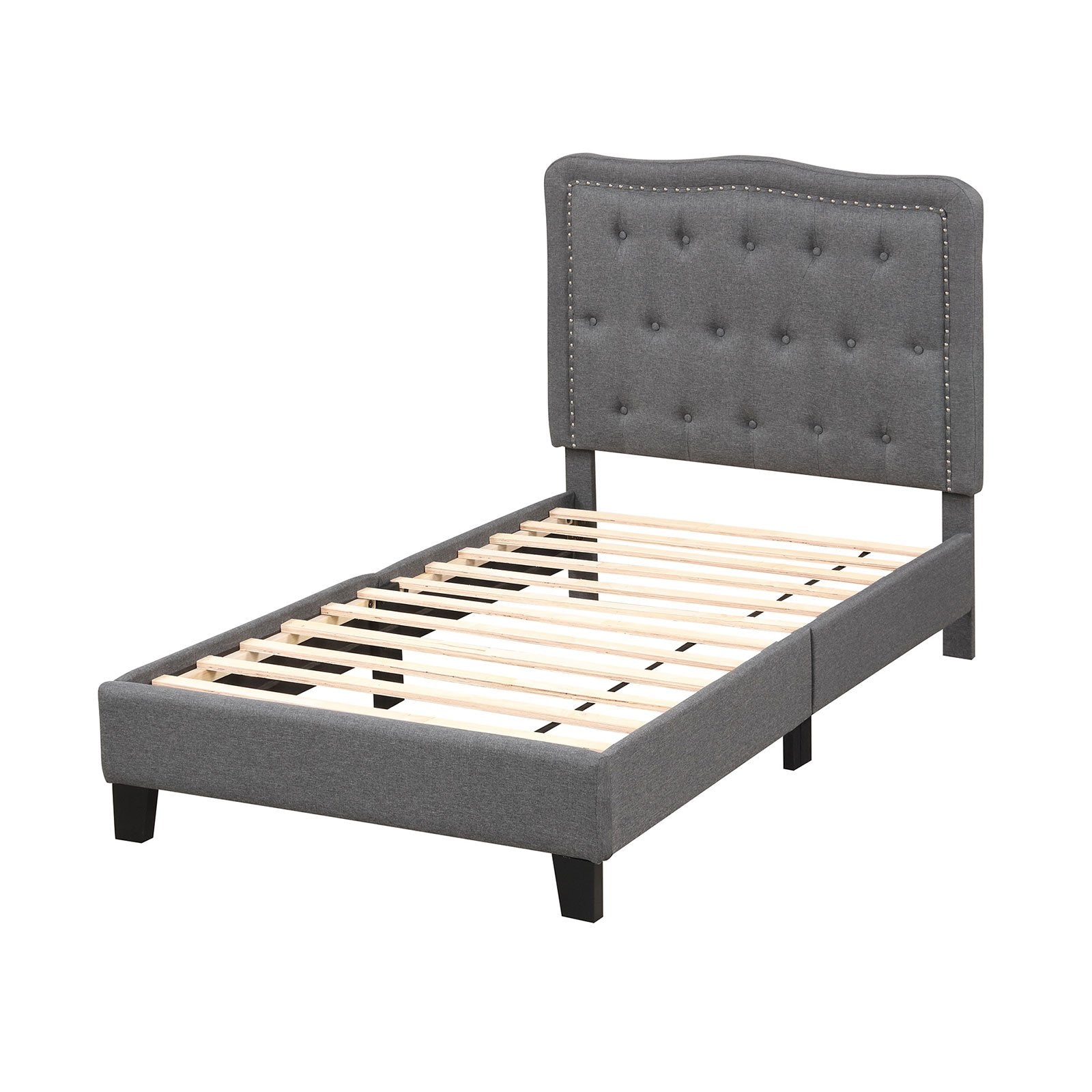 Twin Size Bed Frame with 46 Inch Tall Button Tufted Headboard, Gray Simple Bed Frame Gray at Gallery Canada