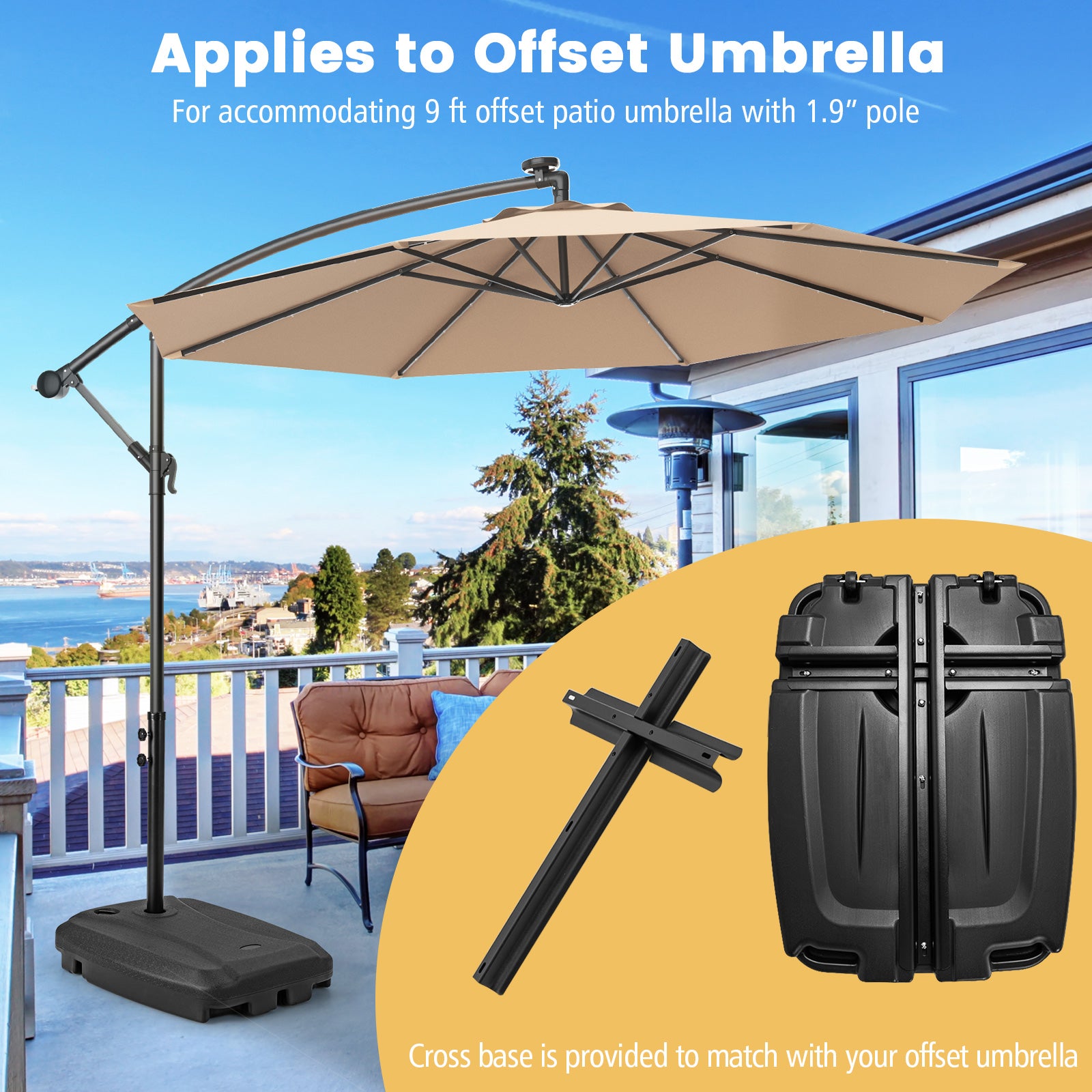 Fillable Universal Offset Umbrella Base with Cross Base and Wheels, Black Outdoor Umbrella Bases at Gallery Canada