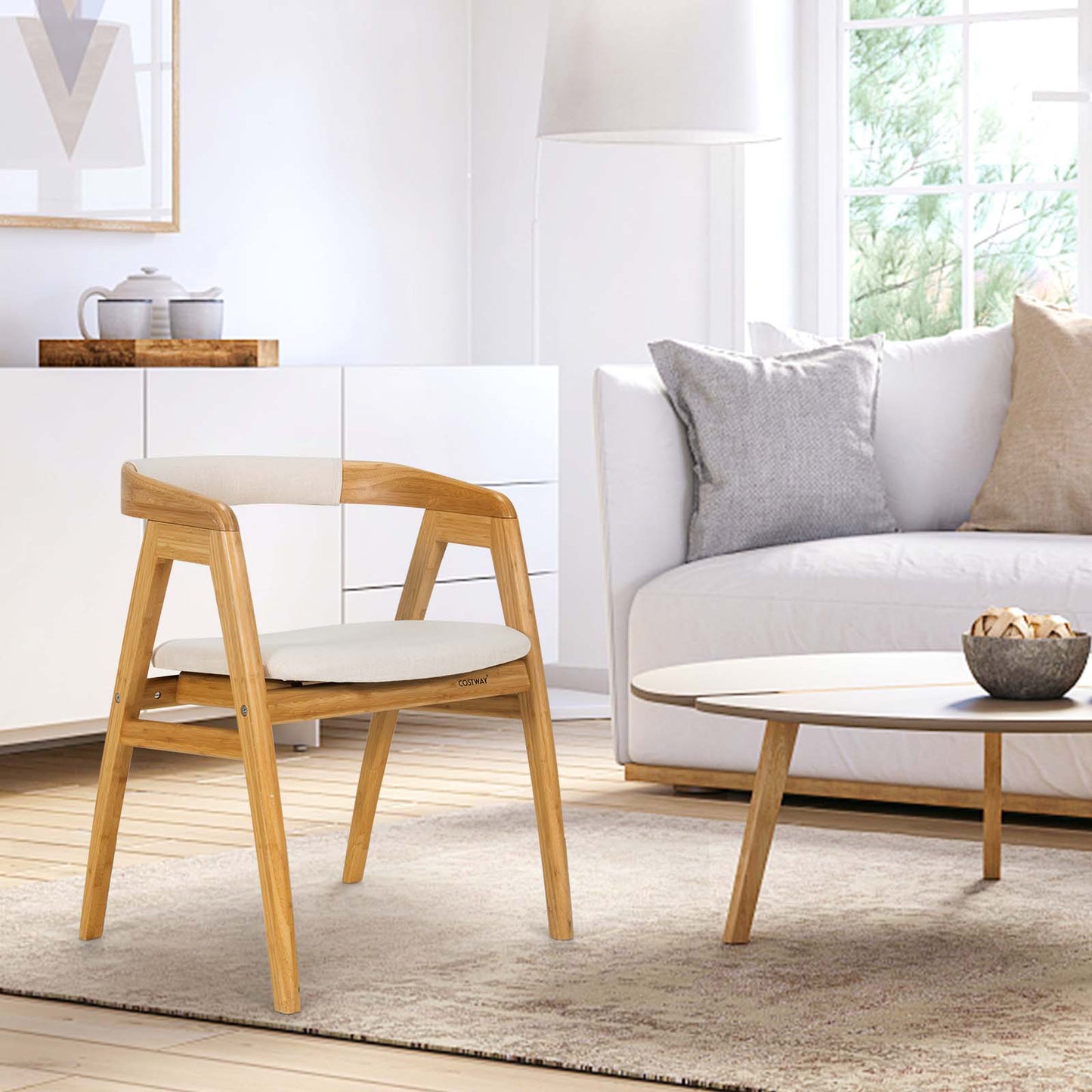 Leisure Bamboo Dining Chair with Curved Back and Anti-slip Foot Pads, Natural Dining Chairs at Gallery Canada