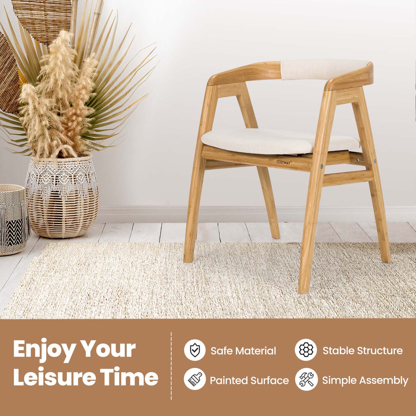 Leisure Bamboo Dining Chair with Curved Back and Anti-slip Foot Pads, Natural Dining Chairs at Gallery Canada