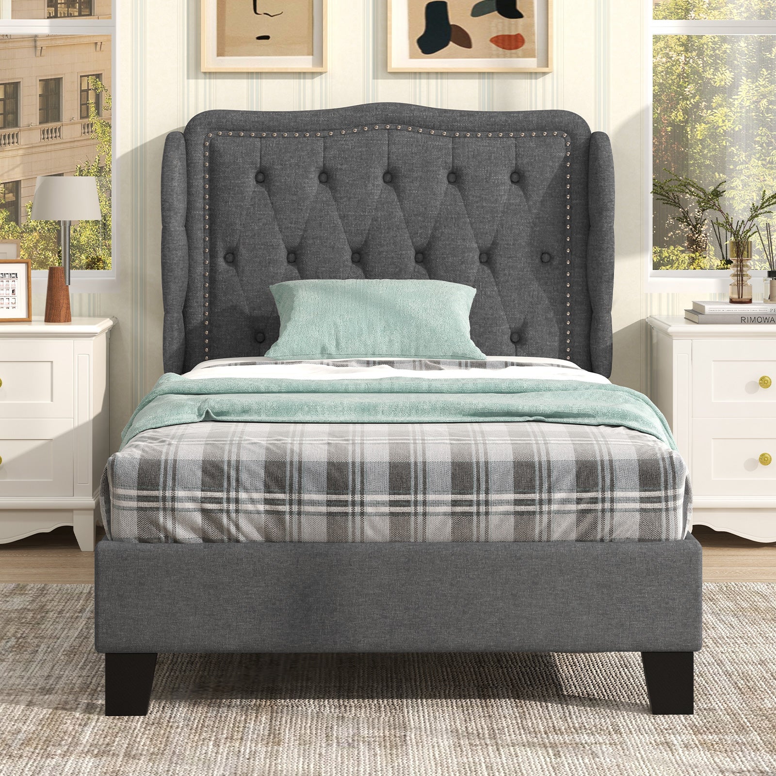Twin Size Bed Frame with Button Tufted Wingback Headboard and Storage Space, Gray Simple Bed Frame at Gallery Canada