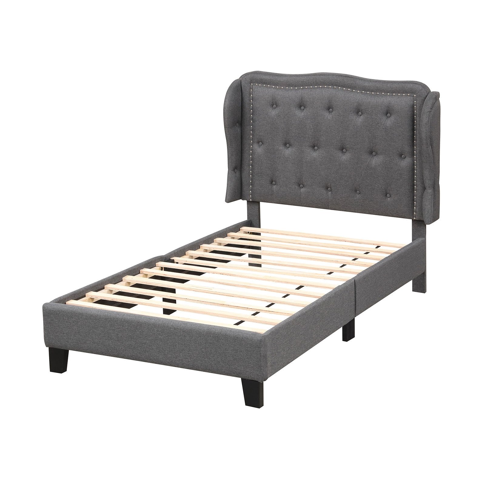 Twin Size Bed Frame with Button Tufted Wingback Headboard and Storage Space, Gray Simple Bed Frame Gray at Gallery Canada