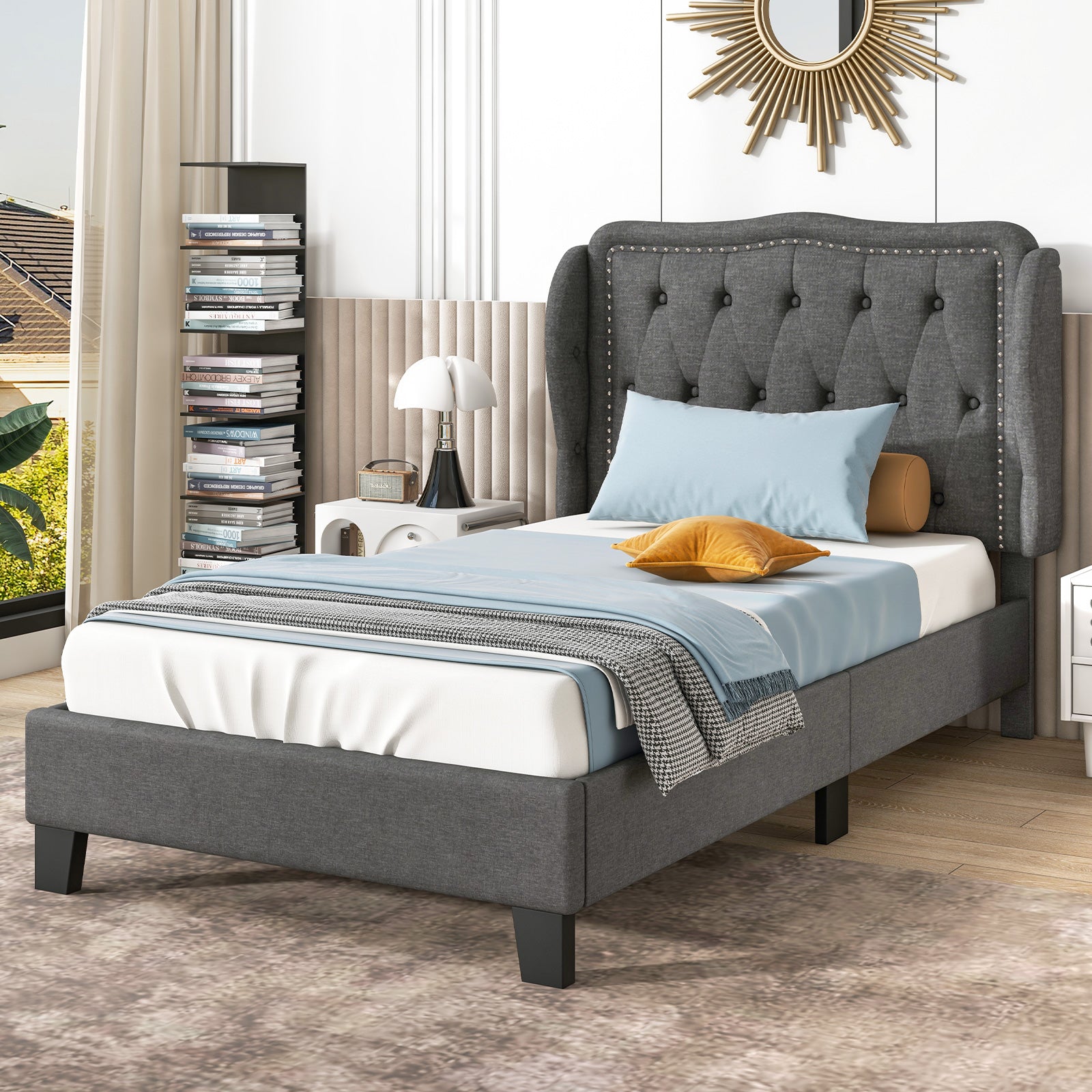 Twin Size Bed Frame with Button Tufted Wingback Headboard and Storage Space, Gray Simple Bed Frame at Gallery Canada