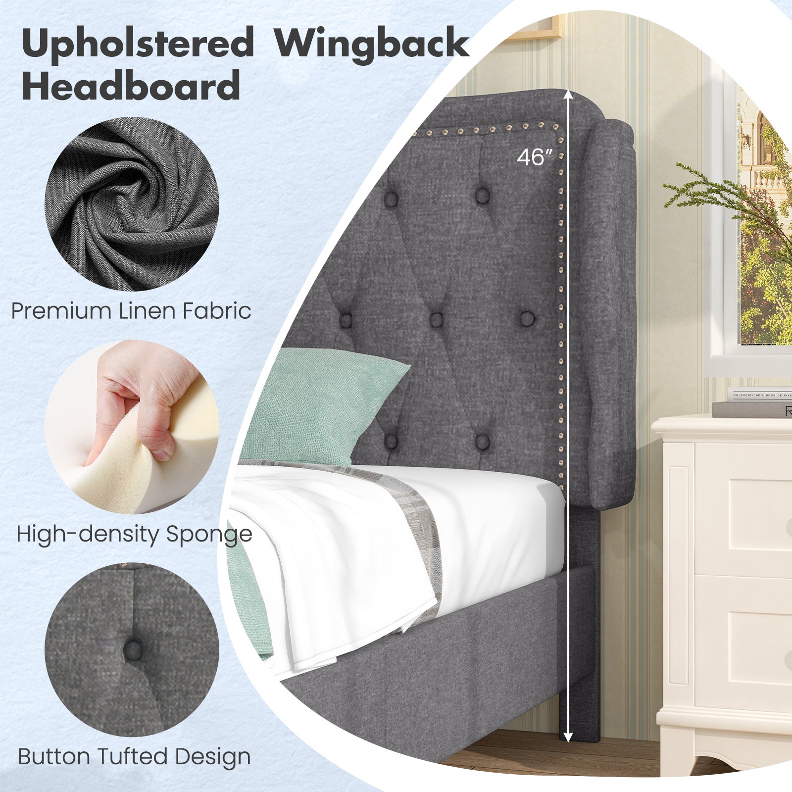 Twin Size Bed Frame with Button Tufted Wingback Headboard and Storage Space, Gray Simple Bed Frame at Gallery Canada