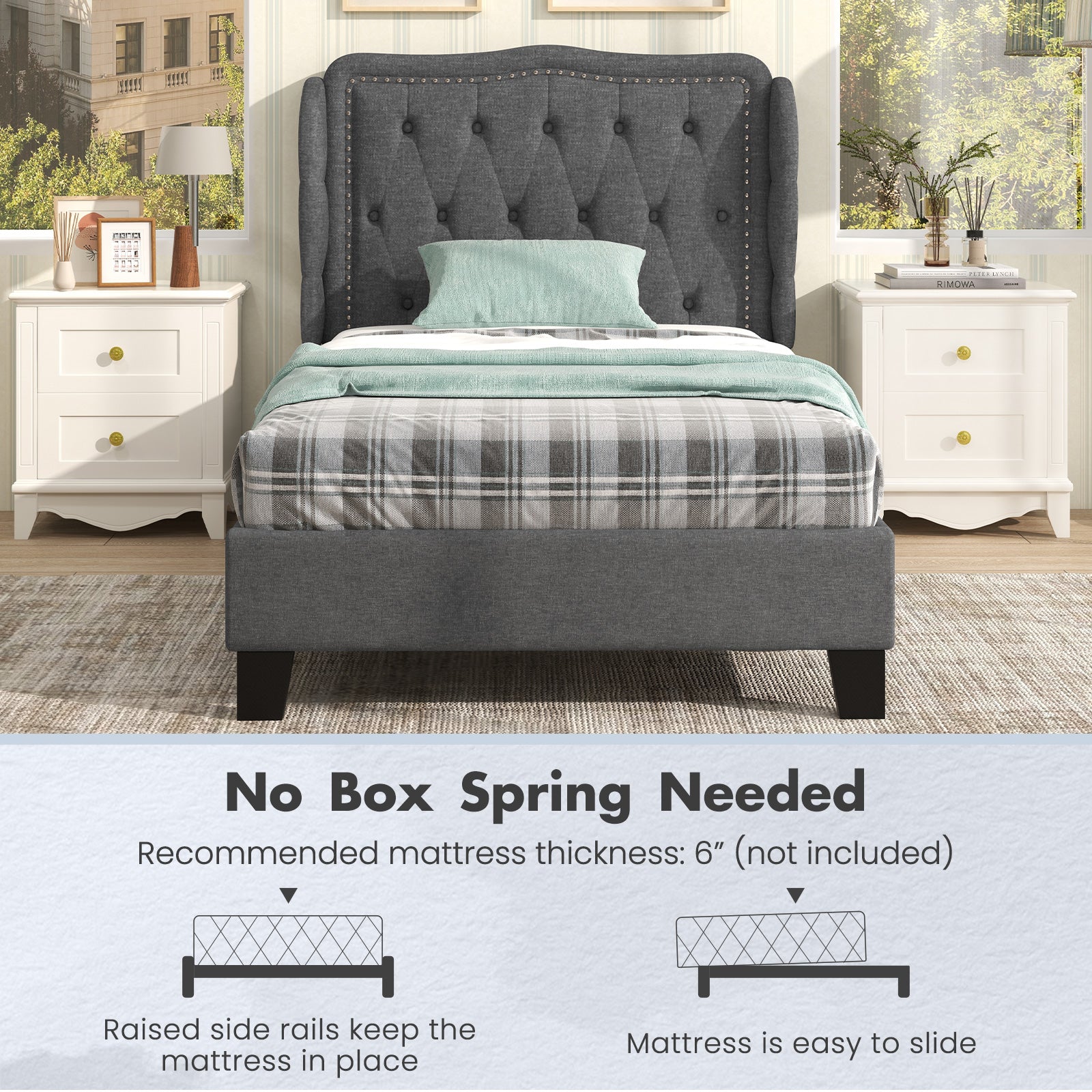 Twin Size Bed Frame with Button Tufted Wingback Headboard and Storage Space, Gray Simple Bed Frame at Gallery Canada