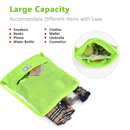 Drawstring Backpack String Bag Foldable Sports Sack with Zipper Pocket, Green