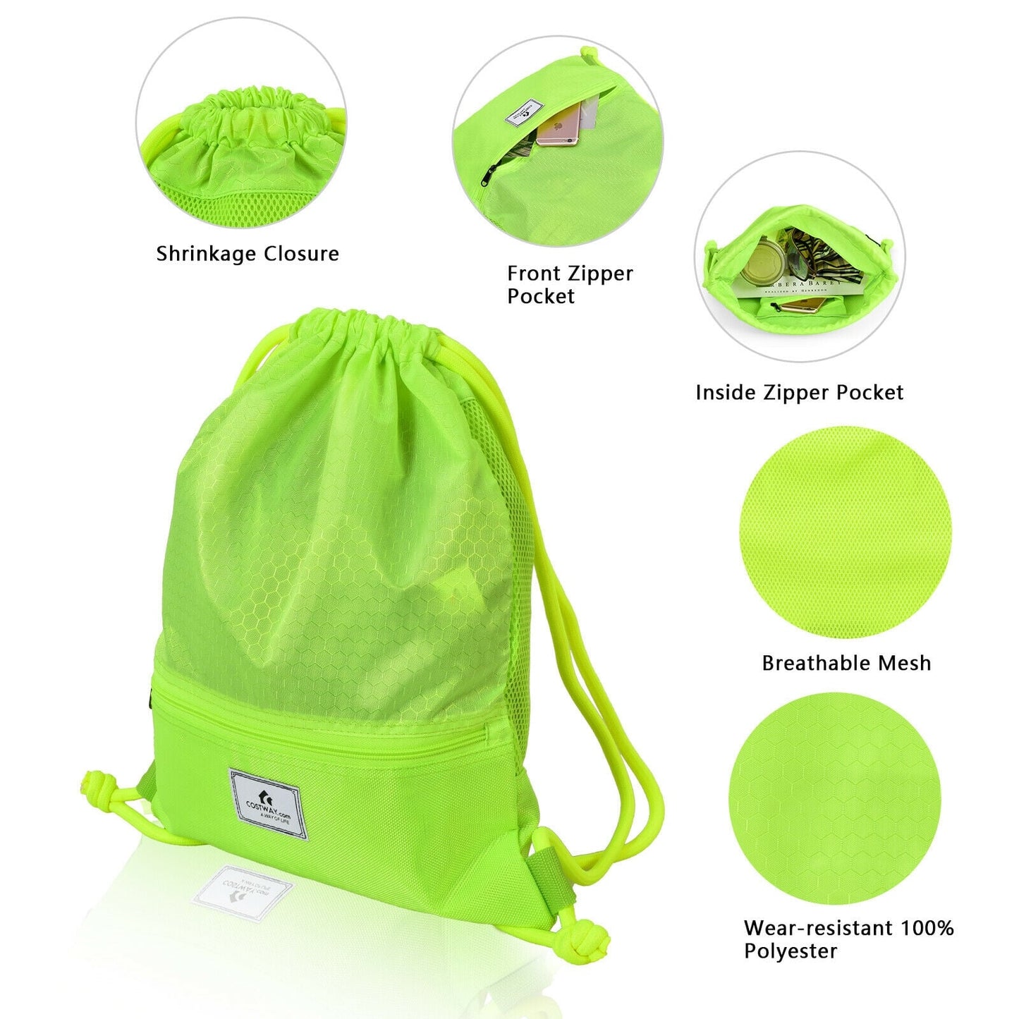 Drawstring Backpack String Bag Foldable Sports Sack with Zipper Pocket, Green